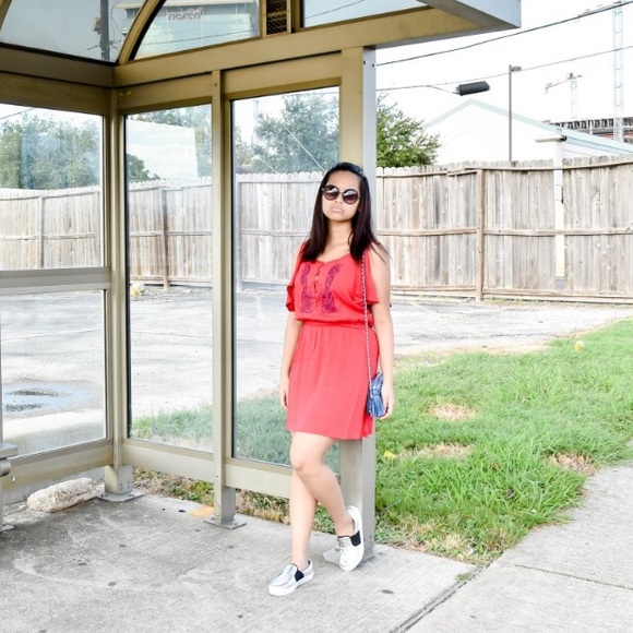 JustFab Dresses & Skirts - JUSTFAB RED DRESS + BLUE EMBROIDERY